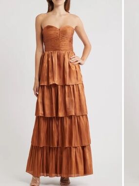 Lulus Women's Size S Brown Rust Bella Strapless Tiered Gown Maxi Prom Dress